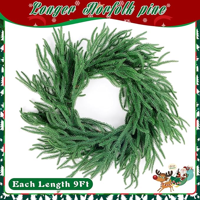 9 Ft Norfolk Pine Garland, Artificial Dense Christmas Garland Ornaments, Real Touch Greenery Garland for Fireplace, Stairs, Table, Mantle, Wall, Indoor, Outdoor Christmas Decorations