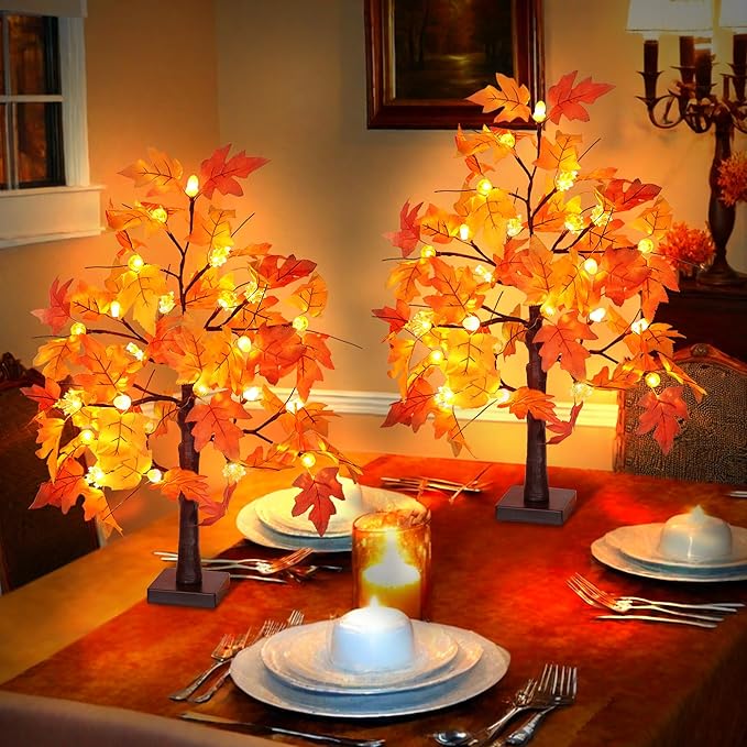 2 Pack 24 Inch Fall Maple Tree with 48LED Thanksgiving Table Decorations Battery Operated Lighted Tabletop Artificial Tree with Pumpkin Acorn Maple Fall Centerpieces Indoor Fall Decorations for Home