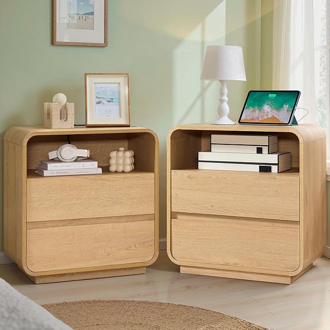 Modern Nightstand Set of 2, 23.2" Large Wood Bedside Table with Charging Station & Curved Profile, 2 Storage Drawers Side Table, Mid-Century End Table Night Stand for Bedroom Sofa Natural