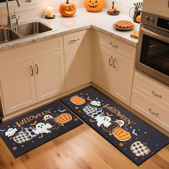 JSEI Halloween Holiday Kitchen Mats for Floor, Non-Slip Ghost and Pumpkins Decorative Kitchen Rugs Set of 2, Home Decor Low-Profile Kitchen Runner Rug Washable, 17"x30"+17"x48", Pumpkins Party Pattern