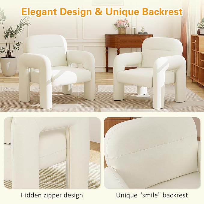 LSSPAID Accent Chairs, Modern Line Fabric Upholstered Armchairs, Comfy Leisure Reading Chair Fluffy Single Sofa Chair for Living Room, Bedrooms, Office (White, 2PCS)