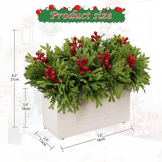 DILATATA Christmas Centerpieces 8 Inch Artificial Christmas Plant in Rectangular Wooden Pot Tabletop Pine Plants with Red Berries Cedar Leaves for Winter Holiday Party Fireplace Mantel Xmas Decor
