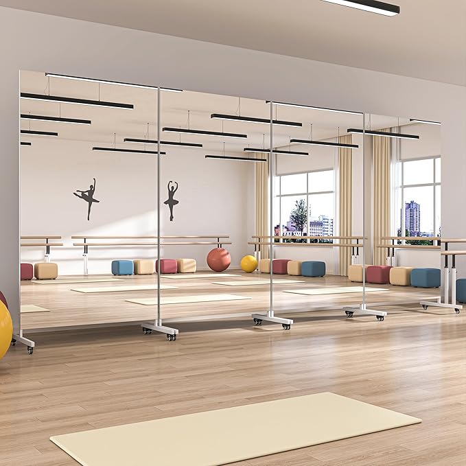Hasipu Home Gym Mirror 360° Swivel on Wheels, 67" x 40" Extra Large Full Body Rolling Mirror, Tempered Glass Easy to Move Full Length Mirror for Yoga Studio, Bedroom, Dancing Studio, White