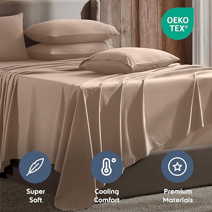Nestl Extra Deep Full Sheet Set - 6 Piece Breathable & Cooling Sheets - Hotel Luxury Bedding Set w/18-24 Inch Deep Pockets - Easy & Secure Fit - Super Soft, Wrinkle Free & Comfy - Taupe Sand