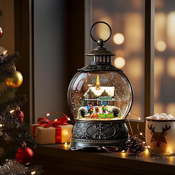 9.8" Christmas Snow Globe Water Lantern with Train Station Scene Battery Operated or USB Powered Musical Lighted Holiday Decoration for Tabletop Display for Family and Friends