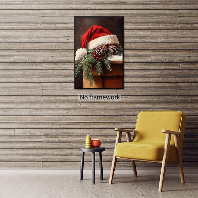 Vintage christmas wall art santa hat painting pine cone winter cottagecore canvas poster for christmas home decor bedroom living room Unframed16x24inch