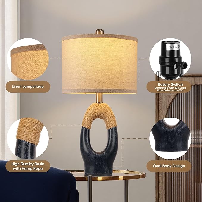 Set of 2 Boho Rattan Table Lamps,21" Farmhouse Rope Lamps for Bedroom Night Stands,Blue Bedside Lamps with Linen Shades for Living Room Coastal Beach Decor(Bulbs Not Included)