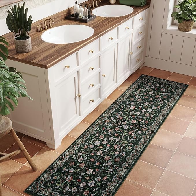 Rugcomf Vintage Paisley Kitchen Runner Rug 2'x6' - Machine Washable, Non-Slip Low Pile Floral Carpet for Laundry, Bedroom, Bathroom - Green
