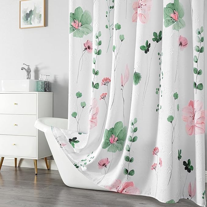 QiyI Watercolor Floral Shower Curtain, 3D Embossed Butterflies Sage Green Botanical Bathroom Curtain, Pink Flowers Cloth Bath Curtain, Waterproof Fabric Textured Shower Curtain Set with Hooks, 72x72