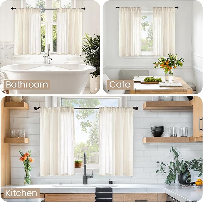 BGment Short Beige Linen Semi Sheer Curtains 30 Inch Length for Kitchen Windows, Small Drapes Lightweight Rustic Textured for Bathroom Over Sink Cafe Decor Rod Pocket, 2 Panels Set, 30 Inch Wide
