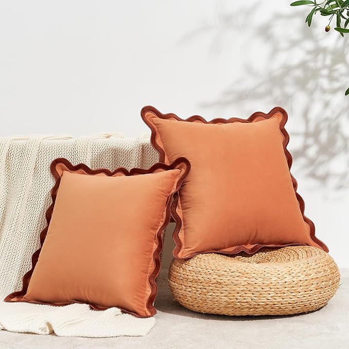 MONDAY MOOSE Decorative Throw Pillow Covers Cushion Cases, Set of 2 Soft Velvet Scalloped Wavy Edge Designs, Mix and Match for Home Decor, Pillow Inserts Not Included (Rust/Coral, 16x16 inch)