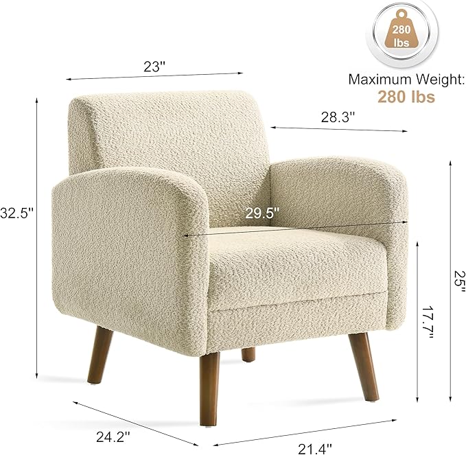 Ultra Comfortable Accent Chair with Deep Seat, Mid-Century Modern Boucle Upholstered Armchair with Rubberwood, Minimal Assembly Required, Cozy Armchair for Living Room or Bedroom (Beige, Single 1)
