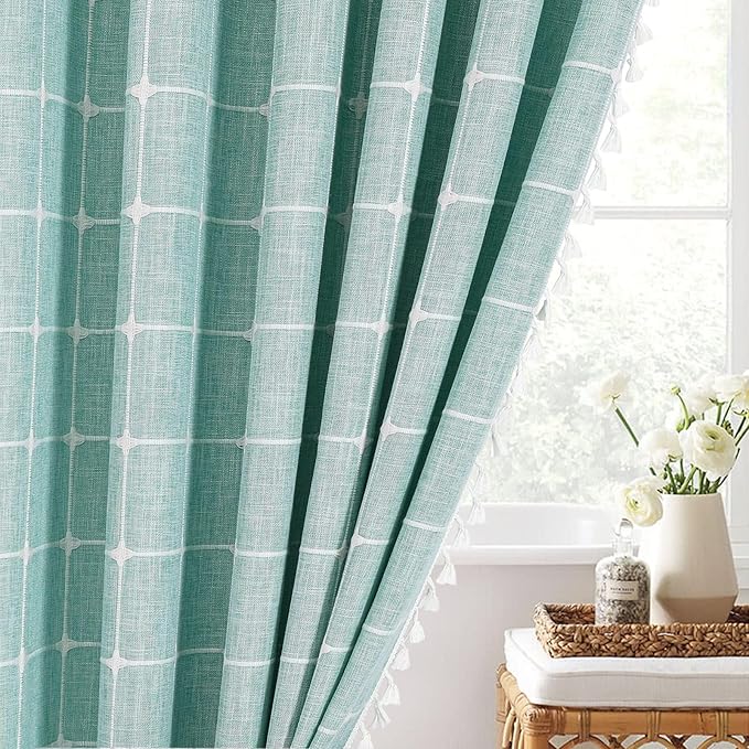 MitoVilla 72 x 84 Teal Blue Boho Extra Long Shower Curtain, Turquoise Farmhouse 84 inch XL Polyester Linen Texture Tassel Fabric Shower Curtain Set with Hooks for Cottagecore Country Bathroom Decor