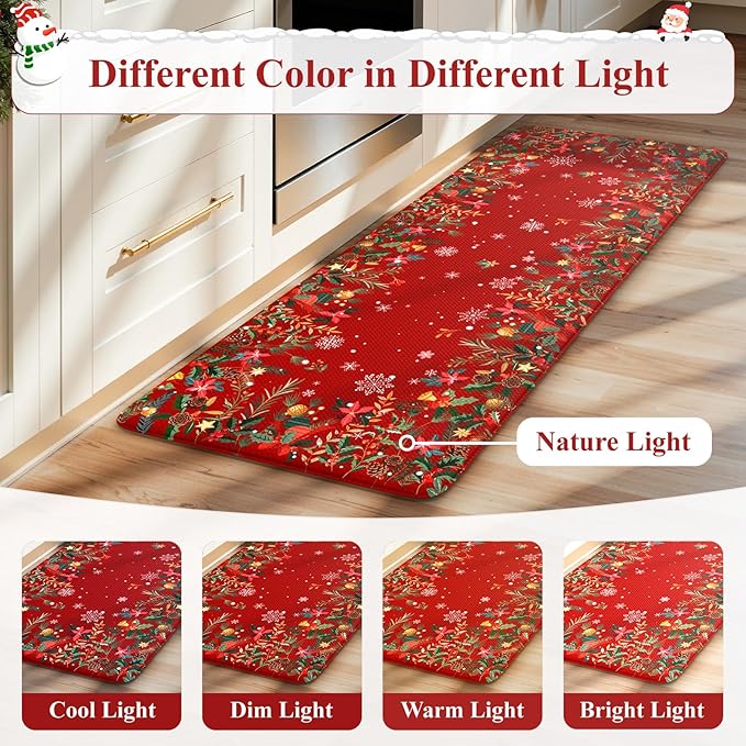 Christmas Kitchen Rugs Anti Fatigue - Christmas Kitchen Mat Sets of 2, Cushioned Non-Skid Waterproof Vintage Floral Christmas Decorations Gift for Holiday Floor Decor Home Laundry Sink(Red)