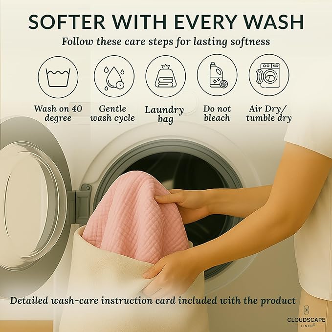 Cloud Scape Linen Extra Large 8-Layer Muslin Throw Blanket, 100% Cotton Gauze Blanket for Couch, Sofa, Bed, Lightweight, Suitable for All Season,50x70, Seashell Pink