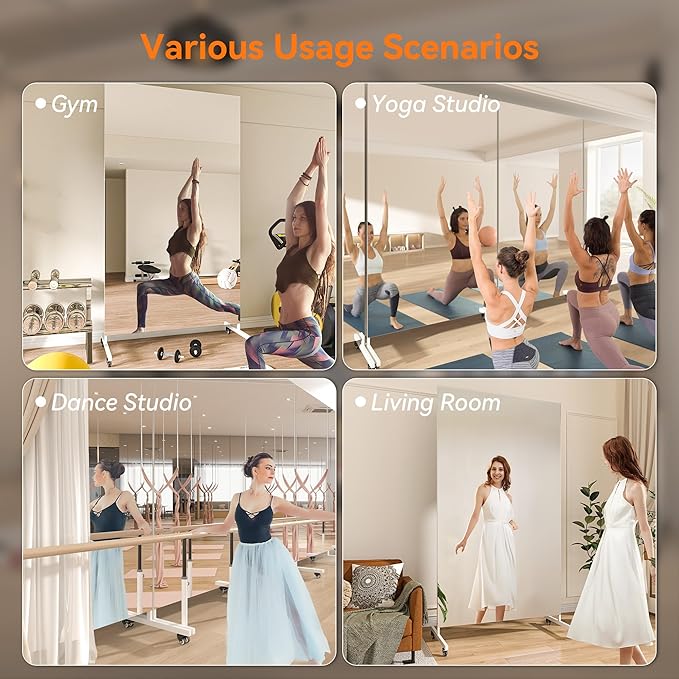Hasipu Home Gym Mirror 360° Swivel on Wheels, 79" x 40" Extra Large Full Body Rolling Mirror, Tempered Glass Easy to Move Full Length Mirror for Yoga Studio, Bedroom, Dancing Studio, White