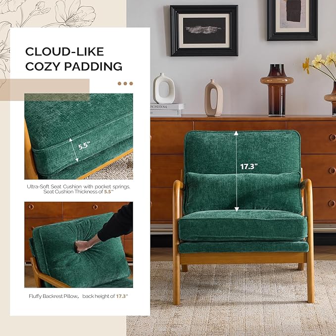 VINGLI Chenille Mid-Century Modern Accent Chair Set of 2, Cute Reading Arm Chair with Cushion & Lumbar Pillow & Solid Wood Frame for Lounge, Living Room, Reading Room, Bedroom, Forest-Green