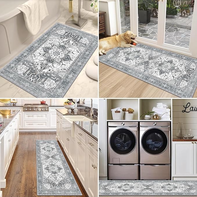 Yamaziot Boho Washable Kitchen Rugs Sets of 3, Non Slip Kitchen Mats for Floor with Rubber Backing, Waterproof & Stain Resistant Thick Carpet Runner Throw Rugs for Kitchen, Laundry Room, Hallway, Grey