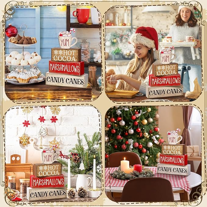 4 Pcs Wooden Christmas Tabletop Decor Hot Cocoa Tiered Tray Decor Rustic Wood Hot Cocoa Block Sign Gift Merry Christmas Centerpiece Farmhouse Winter Table Decoration