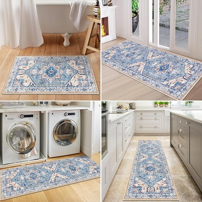 Yamaziot Boho Washable Kitchen Rugs Sets of 3, Non Slip Kitchen Mats for Floor with Rubber Backing, Waterproof & Stain Resistant Thick Carpet Runner Throw Rug for Kitchen, Laundry Room, Hallway