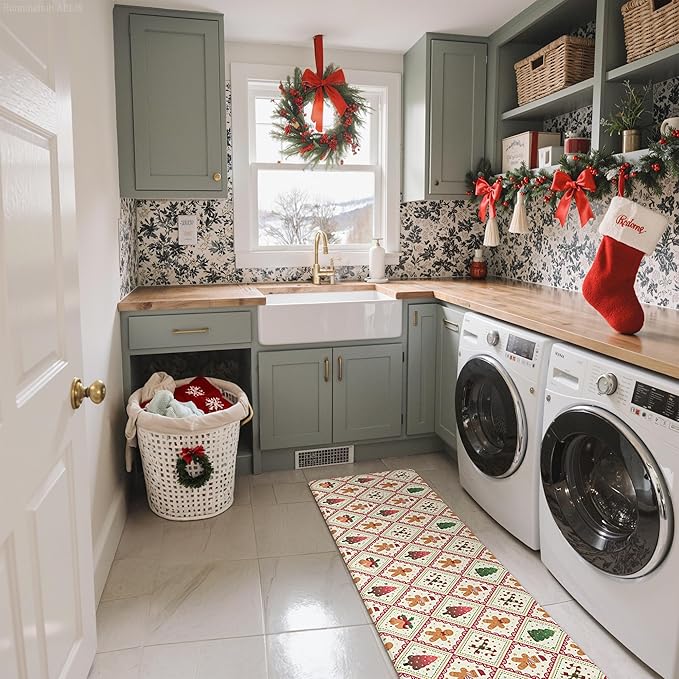 GENIMO Christmas Decorations - Kitchen Mats for Floor, 2PCS Christmas Kitchen Rugs, Cushioned Anti Fatigue Mat for Home Decor, Waterproof Non Slip Standing Mat for Laundry, 17.3"x59"+17.3"x30", Red