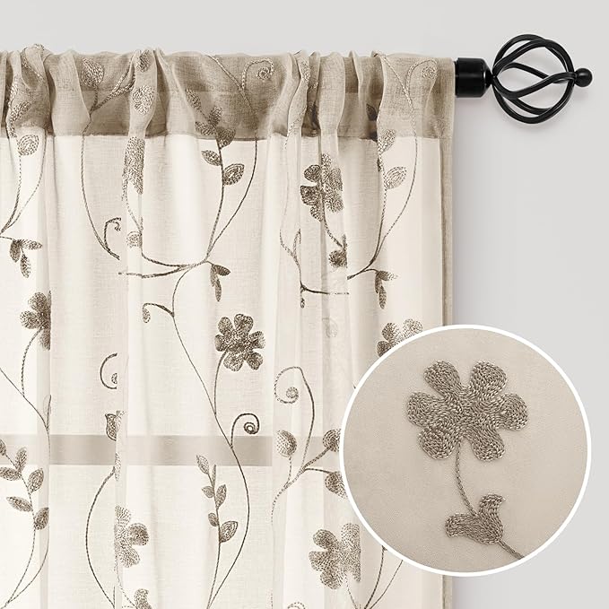 HOMEIDEAS Taupe Sheer Curtains 84 Inches Long 2 Panels Beige Embroidered Floral Pattern Semi Sheer Window Curtains for Bedroom Living Room