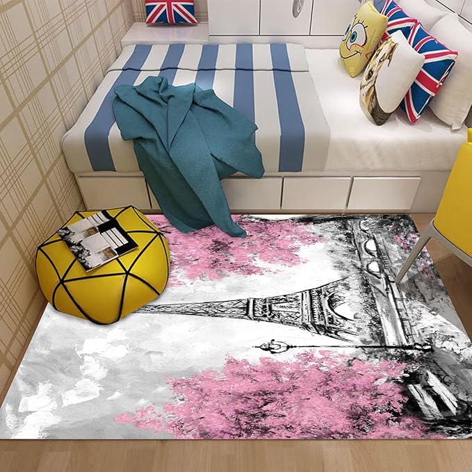 kxry 5 * 7 Feet Pink and White Paris Eiffel Tower Soft Area Rugs for Kids Girls Women Couple Lover Flower Floor Carpet for Living Room Bedroom Dorms Nursery Rooms Home Decor Aesthetic