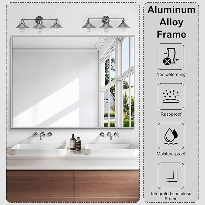 KOCUUY Silver Bathroom Mirror, 48"x36" Large Rectangular Mirror with Metal Frame, Brushed Nickel Vanity Mirror with Modern Design for Bathroom, Living Room, Entryway, Hang Horizontal/Vertical