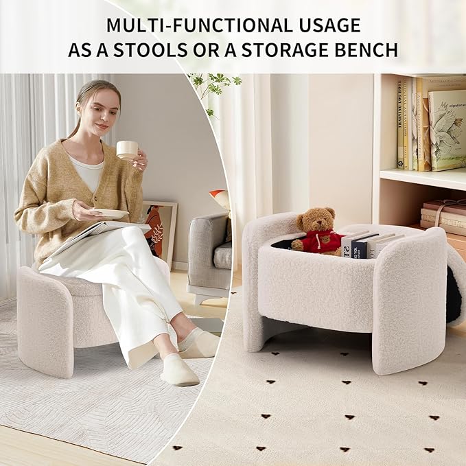 Storage Bench with Lamb Fleece Fabric, Vanity Stool Chair, Upholstered Ottoman with Small Hidden Storage for Bedroom, Living Room, Entryway, No Assembly Required, Beige