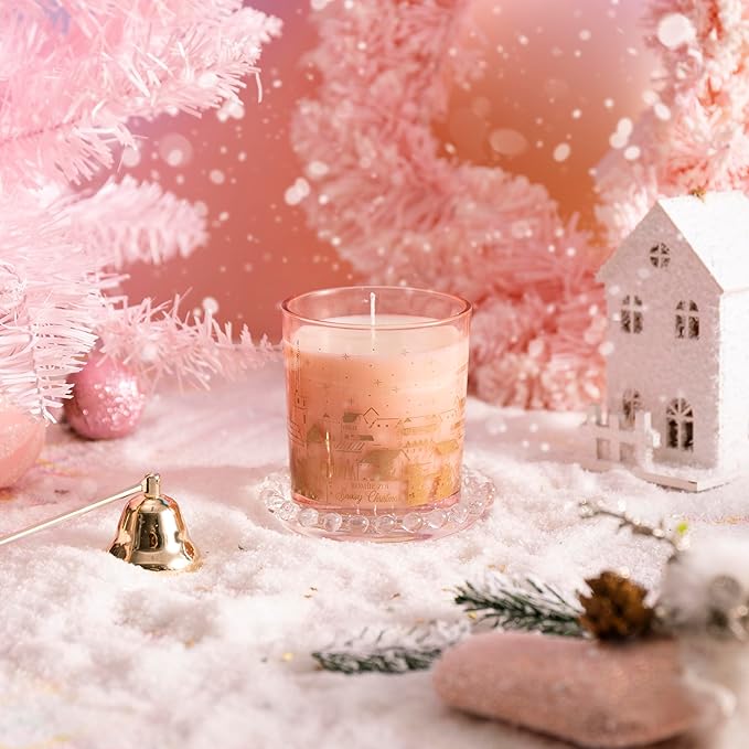 ROMIIE ZOI Christmas Scented Candle - 6oz Soy Wax Candle, Snowy Design, Infused with Floral Aroma - Pink & Gold Gift Box Packaged for Holiday Season Gift