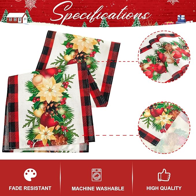 Christmas Table Runner - Xmas Balls Flowers Red Buffalo Plaid Check Winter Holiday Decorative Farmhouse Table Decorations for Kitchen Dinning, Indoor Outdoor Dinner Party Decor 13x72 Inch