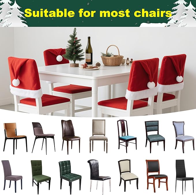 Christmas Chair Covers Hat Chair Back Covers for Xmas Holiday Chair Covers Set of 2, Stretch Parsons Chair Slipcovers Removable Washable Kitchen for Home Hotel Banquet Holiday Decoration