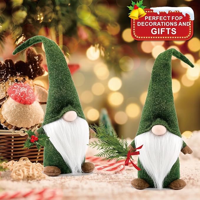 Christmas Gnomes Decorations,16in Handmade Swedish Gnome, Yule Santa Nisse, Nordic Figurine, Plush Elf Toy, Thanksgiving Day Gift Tomte Swedish Gnome Doll for Table Ornaments (Green)