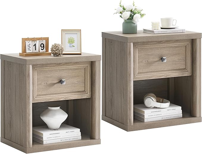 Farmhouse Night Stand Set of 2, Grey Nightstands with Drawer Storage, Wood Large Side Tables End Table, 22.6" Wide Bedside Tables Night Stands for Bedroom Room Sofa Couch Office