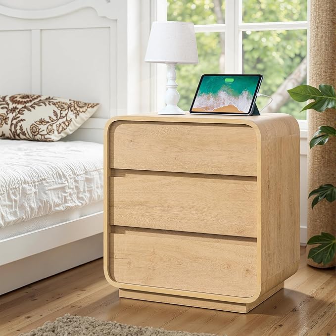 Modern Nightstand Set of 2, 23.2" Large Wood Night Stand with Charging Station & Curved Profile, 3 Storage Drawers Dresser Bedside Table, Mid-Century End Table for Bedroom Sofa, Natural