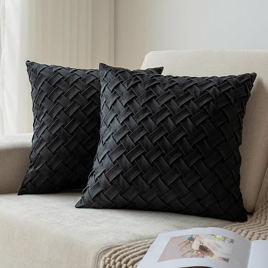 Velvet Decorative Throw Pillow Covers Set of 2, 18x18 Inch Soft Modern Weave Cushion Case, Farmhouse Home Decor Pillowcase for Sofa Living Room Couch Bed Black