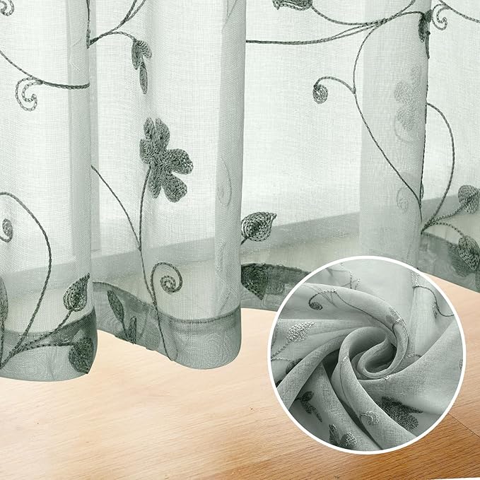 HOMEIDEAS Sage Green Sheer Curtains 84 Inches Long 2 Panels Embroidered Floral Pattern Semi Sheer Window Curtains for Bedroom Living Room