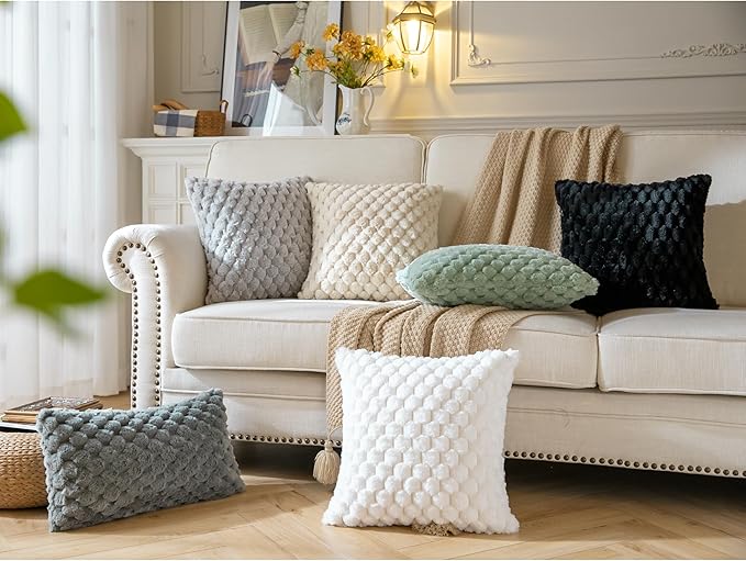 Pack of 2 Super Soft Throw Pillow Covers 16x16 Inch Faux Fur Plush Pillowcase Luxury Cozy Fluffy Decorative Cushion Cover for Sofa Couch Bed Livingroom Cream White