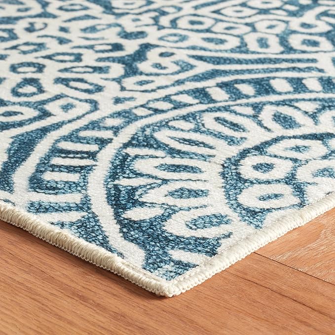 Dash & Albert Temple Ink Machine Washable Rug, 8.5 X 11.5 Feet, Blue Geometric Pattern