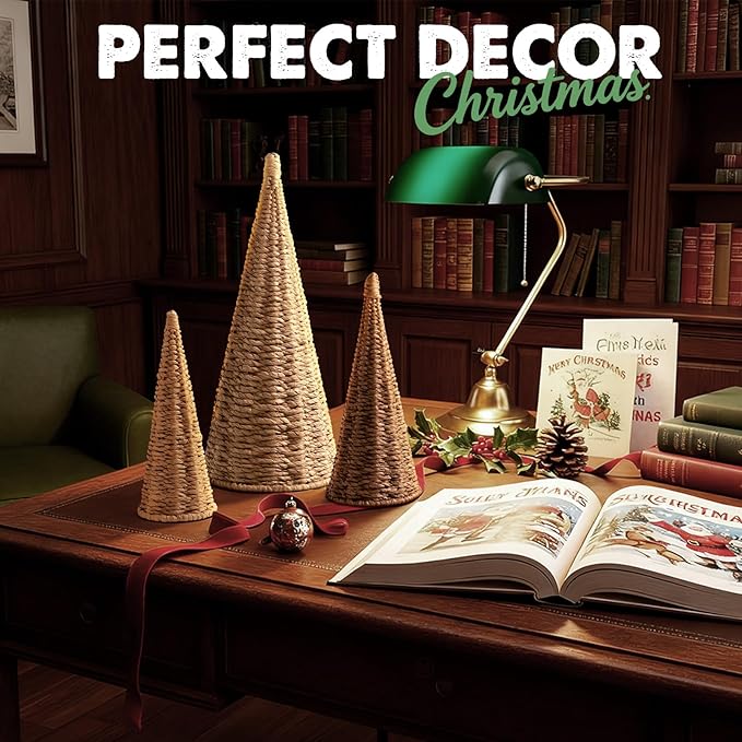3pcs Natural Woven Christmas Trees Decor, Artificial Christmas Tree Decorations for Home Party Table Village Craft Indoor Outdoor Vintage Christmas Decor(Khaki+Dark Khaki+Natural)