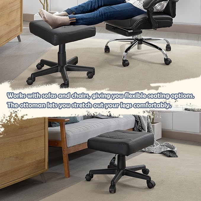 VECELO Under Desk Footrest, PU Ergonomic Foot Rest with Wheels, Comfort Padding, Height Adjustable for Relieving Leg Pain, Stiffness, Black