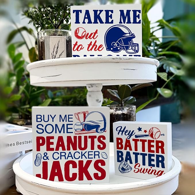 3 Pcs Baseball Decor for Home Baseball Sports Tiered Tray Decorative Wood Box Signs Rustic Table Desk Shelf Decoration for Bedroom Boys Room Party