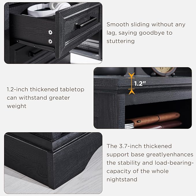 18" Farmhouse Nightstand Set of 2 with Charging Station,End Table with 2 Drawers Storage,Side Table,Bedside Cabinet for Bedroom,Living Room, Black
