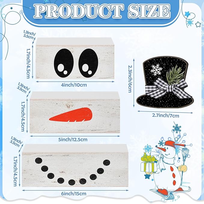 4 Pcs Snowman Christmas Decor Winter Table Decoration Christmas Tiered Tray Decor Rustic Snowman Face Wood Block Sign Gift Winter Centerpiece Farmhouse for Home Tabletop Office Kitchen