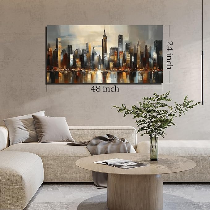 GUGIKA City Wall Art for Living Room, Gold and Grey Wall-Decor for Bedroom, Modern Cityscape Poster Canvas Print, Size 48 x 24 Inches
