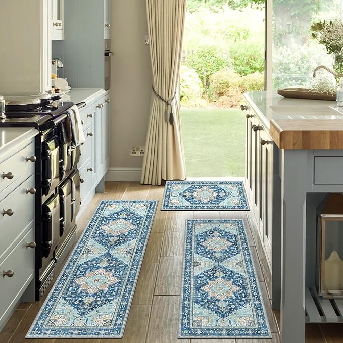 Yamaziot Boho Washable Kitchen Rugs Sets of 3, Non Slip Kitchen Mats for Floor with Rubber Backing, Waterproof & Stain Resistant Thick Carpet Runner Throw Rugs for Kitchen, Laundry Room, Hallway, Blue