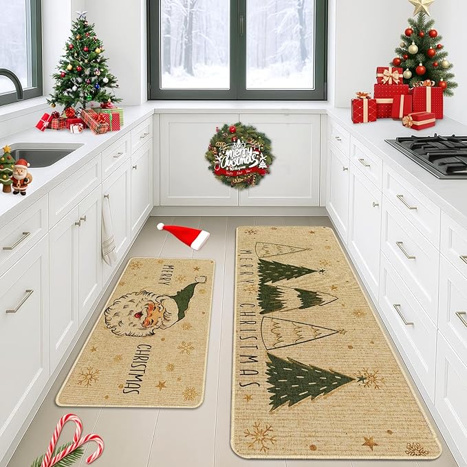 Christmas Snow Santa Kitchen Rugs and Mats Non Skid Washable Set of 2, Xmas Kitchen Mats for Floor Decor