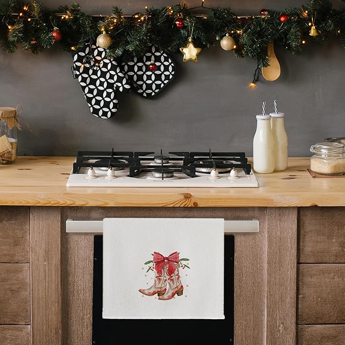 Western Christmas Kitchen Towels, Christmas Coquette Red Bow Cowgirl Boots Decorative Hand Towels for Bathroom, Christmas Dish Towels for Kitchen, Western Christmas Kitchen Bathroom Decor, 16x24 Inch