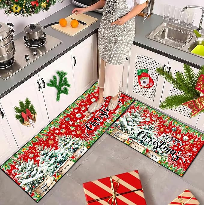 ACZHHZC Merry Christmas Kitchen Rugs and Mats Set of 2, Winter Snowflake Xmas Tree Holiday Home Kitchen Decor Floor Mats, Washable Non-Slip Sink Carpet (Christmas 1, 17"x47"+17"x30")