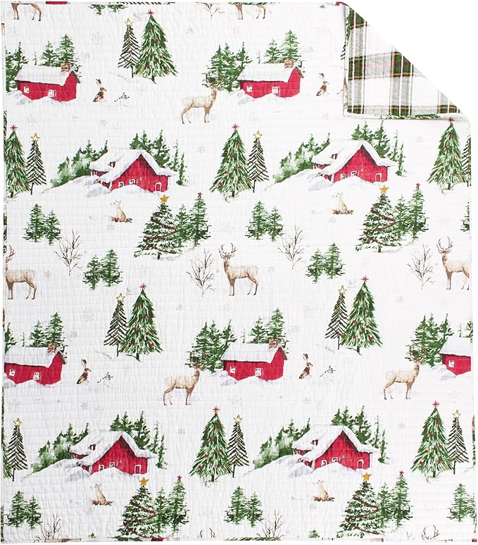 Levtex Home - Tatum Pines Throw - Christmas Cabin - Red, Green, Brown and White - Holiday Quilted Throw Size 50x60in. - Cotton